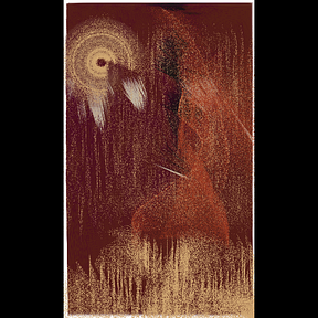 An evocative painting with a dark reddish-brown background depicting a figure holding a staff, accompanied by a dreamcatcher-like circular element and white feathers in the upper left corner.