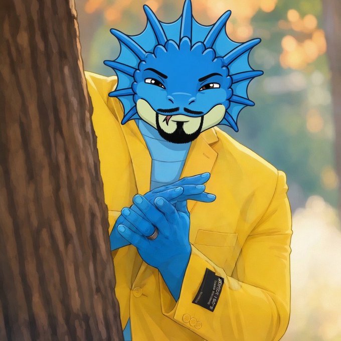 A digital illustration depicts a blue seahorse-headed character in a yellow blazer, wearing a wedding ring and an Off-White tag on the sleeve.