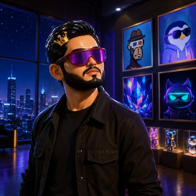 A digital artwork shows a bearded man wearing futuristic purple sunglasses and a small gold crown, standing in a neon-lit room with framed NFT-style artwork and collectible figures behind him.