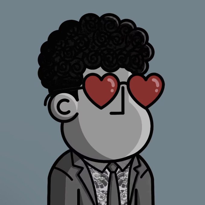 A cartoon illustration of a gray character with a black curly afro, wearing heart-shaped red sunglasses and a suit with a floral shirt.