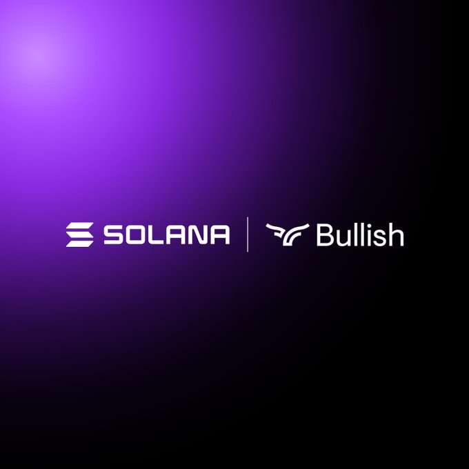 The image displays the logos of Solana and Bullish side by side on a purple-to-black gradient background, visually representing the partnership in which Bullish executed the first tokenized equity trades on a regulated digital asset exchange by tokenizing its BLSH stock on the Solana blockchain.