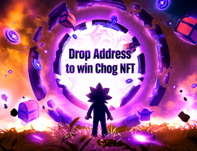 A vibrant purple and orange cosmic scene featuring a silhouetted character standing before a glowing portal with text 'Drop Address to win Chog NFT'.