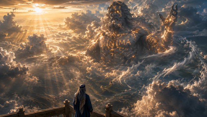 A robed figure stands at a heavenly balcony overlooking clouds and sunlight, gazing up at a colossal golden titan emerging from the sky with the word "MINIMA" inscribed across its chest. The image visually echoes the post's theme by depicting the observer confronting an overwhelming, larger-than-life AI force, suggesting humanity's smallness before the monolithic infrastructure that Minima aims to decentralize.