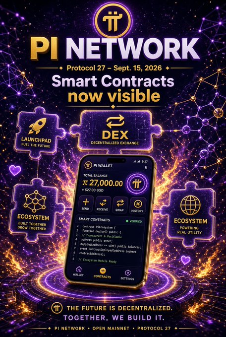A promotional graphic for 'PI NETWORK' advertising 'Smart Contracts now visible' for Protocol 27 – Sept. 15, 2026, featuring a phone interface showing a Pi Wallet balance of π 27,000.00 and sections for LAUNCHPAD, DEX, and ECOSYSTEM.