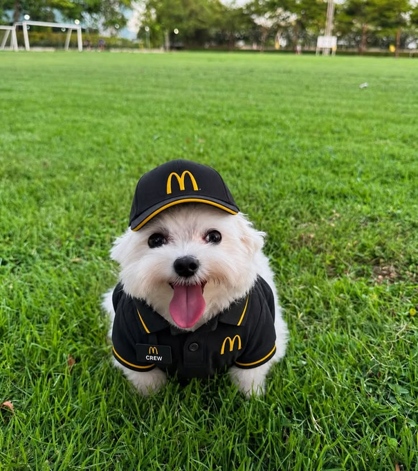 A small white dog wearing a black McDonald's 'Crew' uniform and cap, sitting on grass with its tongue out.
