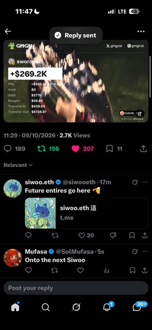 A mobile screenshot of a social media feed showing a video from GMGN about a trading position with a PNL of +$269.2K on "$WORD," along with a reply from siwoo.eth.