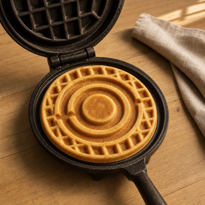A freshly cooked golden-brown waffle sits inside an open black cast-iron waffle maker on a wooden surface, with a beige cloth napkin visible in the background.