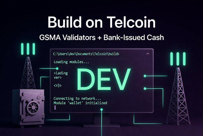 A promotional graphic reads "Build on Telcoin - GSMA Validators + Bank-Issued Cash" showing a computer monitor displaying code with "DEV" highlighted, flanked by telecom tower illustrations and a safe.