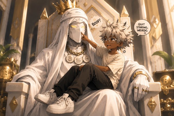An anime-style illustration showing a white-haired boy sitting on the lap of a crowned, hooded figure on a throne surrounded by Bitcoin-themed decorations, with speech bubbles reading 'BOOP!' and 'QUIT STARING, WEIRD.'