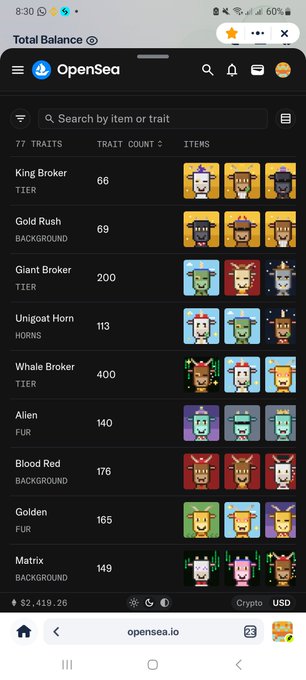The image shows an OpenSea NFT collection page listing various traits of "Goat Street" NFTs, including traits like King Broker (66 count), Gold Rush (69), Giant Broker (200), Unigoat Horn (113), Whale Broker (400), Alien (140), Blood Red (176), Golden (165), and Matrix (149), with a total balance of $2,419.26 displayed at the bottom. The screenshot illustrates the rarity trait counts that the post refers to when emphasizing that overall rarity matters more than individual trait tiers, as buyers can evaluate which NFTs have scarce combinations.