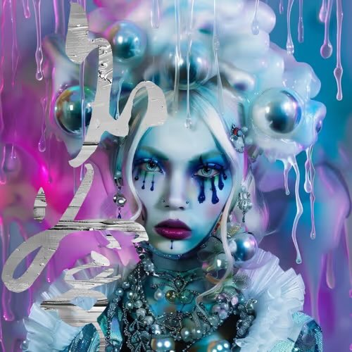 An artistic digital portrait features a pale figure with dripping silver liquid, pearl embellishments, and blue makeup resembling tears, set against a vibrant purple background.