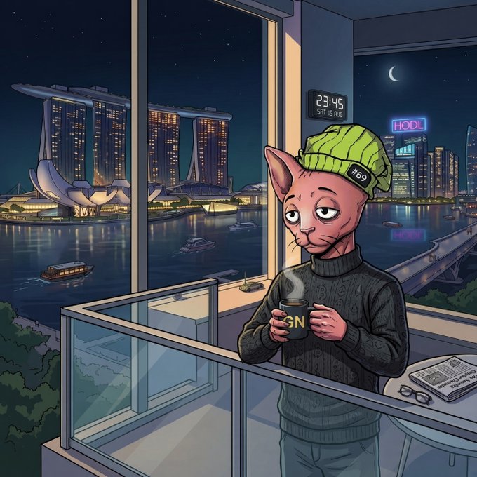 An illustration of a hairless cat wearing a green beanie and a sweater, holding a mug labeled 'GN' on a balcony overlooking a city skyline at night, with a digital clock reading '23:45 SAT 15 AUG'.