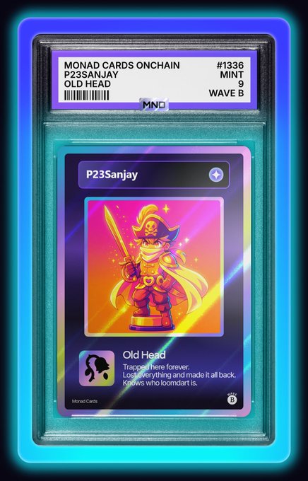 A graded-style digital trading card labeled 'MONAD CARDS ONCHAIN #1336, P23SANJAY, OLD HEAD, MINT 9, WAVE B,' featuring a cartoon wizard character and description text.