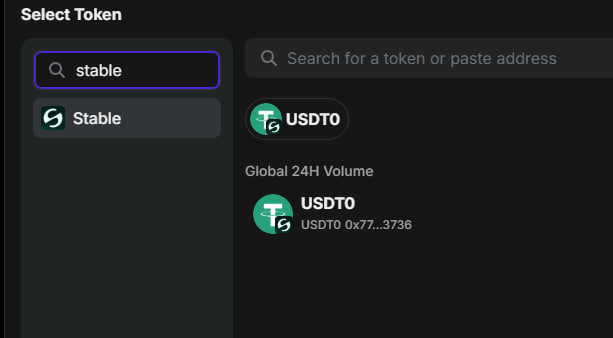 The image shows a "Select Token" search interface where "stable" has been entered, returning results for the token "USDTO" with contract address USDT0 0x77...3736, displaying global 24H volume information. This relates to the post by highlighting the search for a stablecoin token (USDTO) on the DEX platform being discussed.