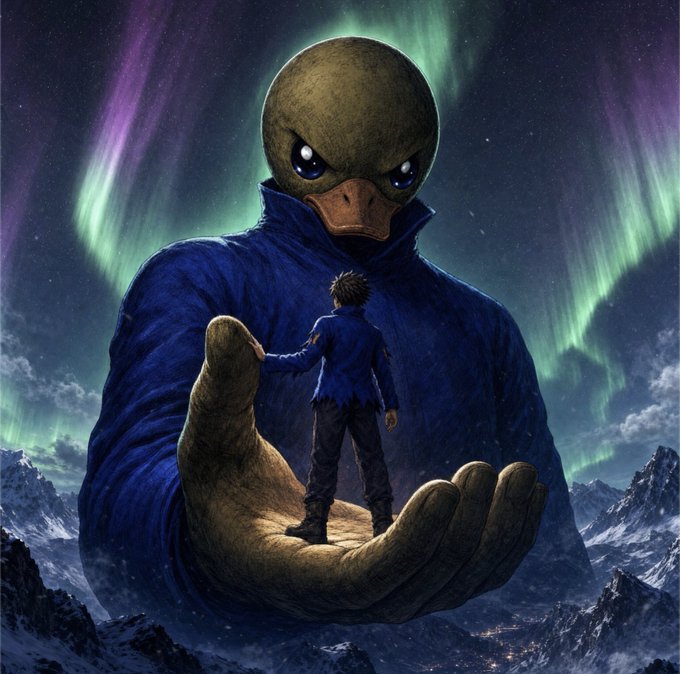 A fantasy artwork depicting a giant humanoid duck in a blue coat cradling a small boy in its hand against a backdrop of snowy mountains and the aurora borealis.