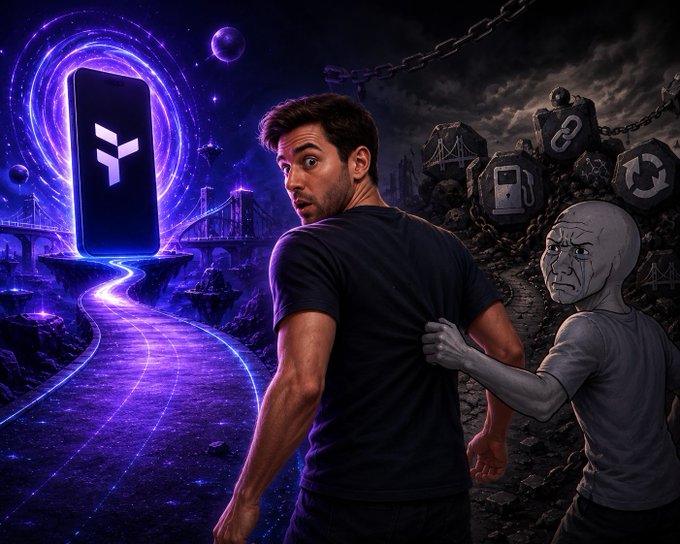 The image features a man wearing a black shirt, standing next to a small figure dressed as a robot or an alien with a white head. The man has his hand on the other person's back, while they are both facing away from each other in opposite directions. The background of the image is filled with purple and blue colors, giving it a futuristic appearance. The post that accompanies this image reads: "The next billion crypto users won't care about bridges. They won't care about gas tokens. They won't care which chain they're on. They'll care about one thing: Does it just work? That's the direction @useTria is pushing toward".
