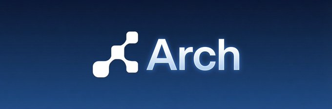 A simple logo featuring a white abstract icon next to the word "Arch" set against a dark blue gradient background.