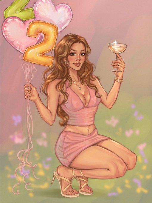 A digital illustration of a woman in a pink dress kneeling and holding heart-shaped '22' balloons along with a champagne glass in a celebratory scene.