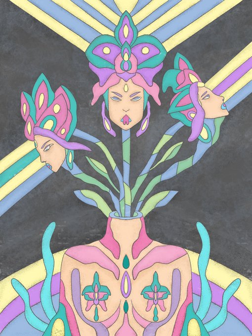 This vibrant, psychedelic illustration depicts a three-faced figure emerging from a vase-like body adorned with floral patterns, visually representing the triune concept described in the text "She knows the Past, sees the Future, holds the Now" for "Hecate."