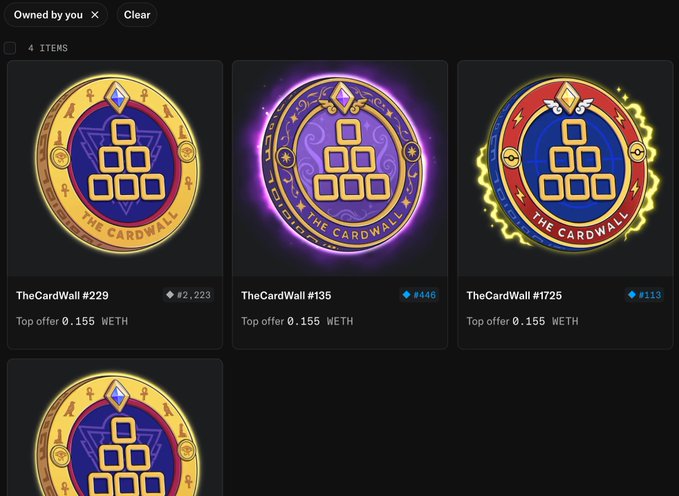 An NFT marketplace showing four digital collectibles called 'TheCardWall' tokens with different rarity designs in gold, purple, and red, all with a top offer of 0.155 WETH.