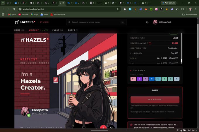 The screenshot shows the Hazels Studio waitlist page (studio.hazels.io/waitlist) featuring an anime-style "Hazels Creator" graphic with Cleopatra (@chuzzy.tech) highlighted, alongside campaign details indicating a USDC reward pool of $7,500, a Top 100 eligibility threshold, and a "Join Waitlist" button. The image relates to the post by visually documenting the waitlist platform that was the site of the September 30 technical issues affecting the GTD and WL rounds, where the Ethereum mint was cancelled due to glitches that resulted in unfair distribution of spots.
