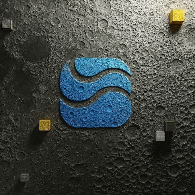 The image depicts a stylized blue liquid (stablecoin) pegged symbol on a lunar-like cratered surface, surrounded by small gold and silver cubes representing idle cryptocurrencies like BTC, ETH, and BNB. It visually reinforces the post's message that simply holding or "staking" assets without active utility leaves them dormant on the moon, much like static coins unable to move or generate returns.