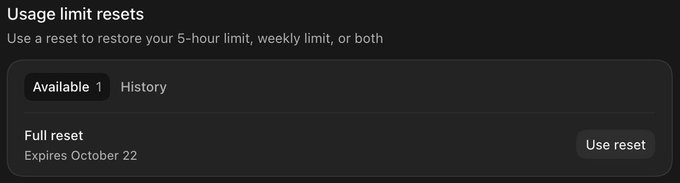 A screenshot of a 'Usage limit resets' interface showing an available full reset that expires on October 22, allowing restoration of a 5-hour or weekly limit.