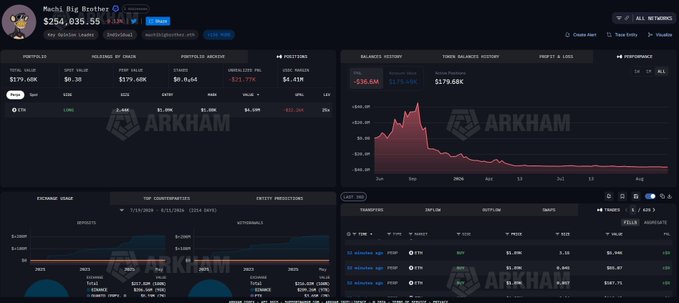 A dark-themed Arkham Intelligence dashboard displaying wallet analytics for 'Mochi Big Brother' with a portfolio value of $254,035.55 and various token balance history charts.