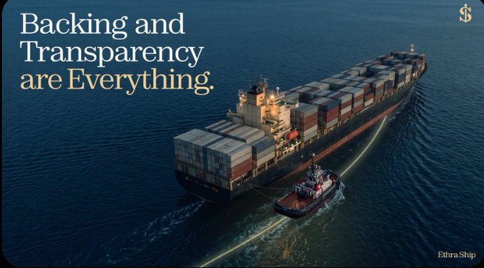 An advertisement showing an aerial view of a large cargo ship being assisted by a tugboat on dark water, with text reading "Backing and Transparency are Everything." and a logo for "Ethra Ship" in the corner.