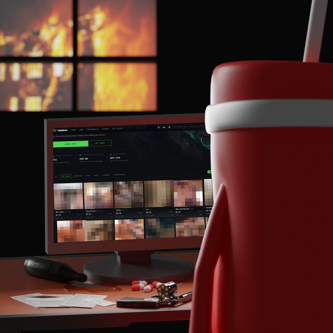 A computer screen displays the Nvidia GeForce NOW website with game tiles priced around $49.99 and $54.29, while a large red cup and gaming accessories sit on the desk, and the window behind shows flames burning—evoking the "early token pics" era of crypto trading with its mix of gaming culture and chaotic fire imagery.