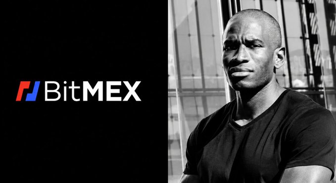 A promotional image featuring the BitMEX logo on the left and a black-and-white photo of a man in a black v-neck t-shirt on the right.