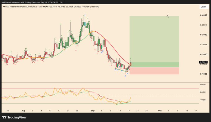 A TradingView chart of ANSEM / Tether Perpetual Futures (ANSEMUSDT) on a 12-hour timeframe, showing candlestick price action with moving averages, an RSI indicator at the bottom, and a projected long position drawn as a green zone extending into October.