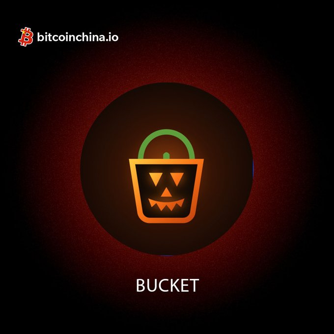 A dark-themed promotional graphic for the "BUCKET" cryptocurrency, featuring an orange and green Halloween-style jack-o'-lantern bucket logo centered on a black background, with "bitcoinchina.io" branding in the top left corner, matching the post's announcement of the $BUCKET/ETH trading pair listing.