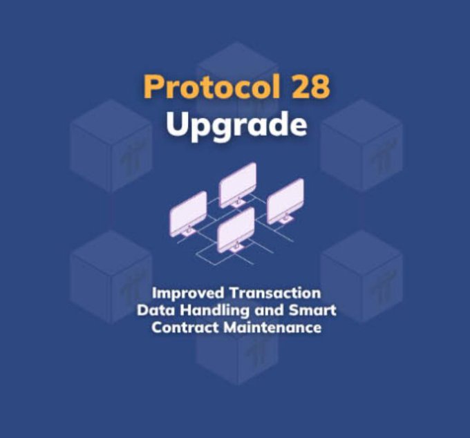 A blue graphic announcing 'Protocol 28 Upgrade' with text describing 'Improved Transaction Data Handling and Smart Contract Maintenance' alongside a computer network icon.
