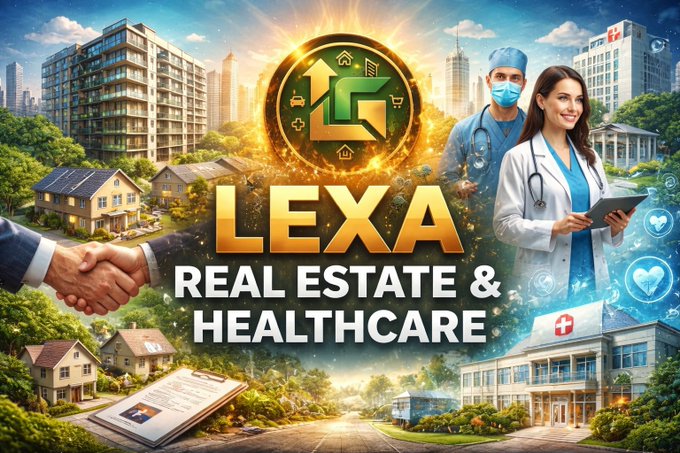 A promotional graphic featuring the text "LEXA REAL ESTATE & HEALTHCARE" alongside a "LG" logo with up and down arrows, depicting modern apartment buildings, houses, a doctor with a stethoscope and tablet, a nurse, a handshake, and healthcare and residential facilities. The image visually reinforces the post's claim about LEXA's real-world utility, highlighting the token's ecosystem focus on healthcare and real estate sectors.