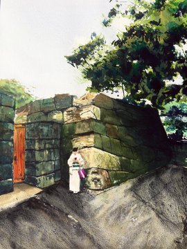 A watercolor painting depicting a figure in white standing before a stone wall with a red door, surrounded by greenery and a large tree.