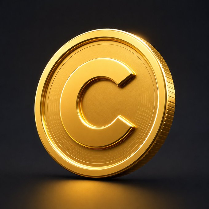 A close-up 3D render of a gold coin featuring a prominent letter 'C' engraved on its face, displayed against a dark background.