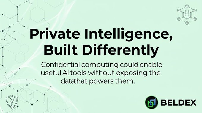 A promotional graphic with a light green background featuring hexagonal patterns, displaying the text 'Private Intelligence, Built Differently' with a subtitle about confidential computing and AI, branded with the Beldex logo at the bottom.