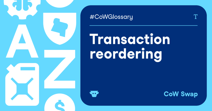 The image features a blue square with white text that reads "Transaction reordering" and "CoWGlossary". The text is surrounded by various symbols, including a shield, a gas can, and a car. These symbols are arranged in a grid-like pattern on the background of the image.