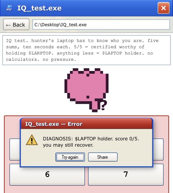A retro-styled "IQ_test.exe" window displays a five-question math quiz (with visible options "6" and "7") alongside a pixelated pink brain, where a humorous error popup reads "DIAGNOSIS: $LAPTOP holder. score 0/5." The post "Gear up mfers I smell a runner" likely refers to the crypto token $LAPTOP, suggesting bullish momentum despite the meme's self-deprecating jab at "certificate worthy" holders.