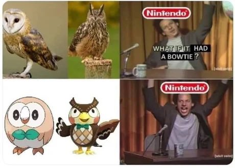 The image shows a collage of four different Pokémon characters from various posts on social media platforms. The first character is an owl with a bowtie, followed by a cartoon owl wearing a green bow tie. The third character is a cartoon owl with a bowtie and a microphone in its beak. The fourth character is a cartoon owl holding up a Nintendo remote control. The post also includes text that says "Day 1,258 of tweeting about Pokémon ENS until the floor hits 1eth".