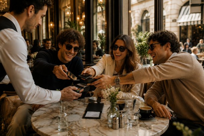 A waiter presents the bill to a group of three smiling friends seated at an outdoor cafe table with coffee cups.