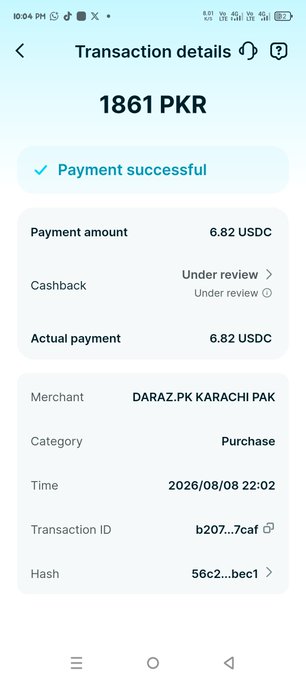 A mobile screenshot of a 'Transaction details' page showing a successful payment of 1861 PKR (6.82 USDC) made to merchant 'DARAZ.PK KARACHI PAK' on 2026/08/08.