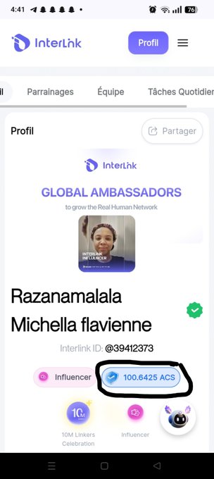 A screenshot of a mobile app called 'InterLnk' showing a profile for 'Razanamalala Michella flavienne' with a balance of '100.6425 ACS' circled in black.