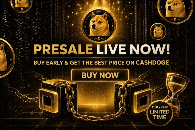 A promotional graphic for "$CASHDOGE" features a Shiba Inu dog on gold coins with text reading "PRESALE LIVE NOW! BUY EARLY & GET THE BEST PRICE ON CASHDOGE" alongside a "BUY NOW" button, "ONLY FOR LIMITED TIME" badge, an hourglass, and chained gold blocks—visually reinforcing the post's 6-day countdown to launch and urgency to purchase the memecoin with SOL.

**Caution:** The post shares a raw crypto wallet address and asks users to send funds directly, which is a common structure for crypto scams. Verify any token launch through official, verified project channels before sending any money.