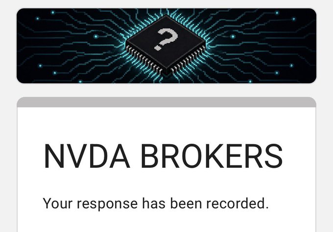 A graphic for "NVDA BROKERS" featuring a microchip with a question mark on a circuit board background, accompanied by the text "Your response has been recorded."—likely a confirmation screen for users who filled out the form mentioned in the post for a free mint with a supply of 3,333.