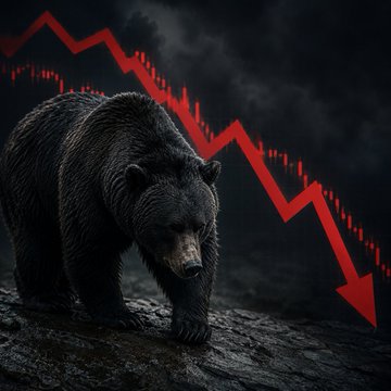 A dark bear stalks forward against a red downward-trending chart line, symbolizing a bearish market. The imagery aligns with CryptoQuant's warning that Bitcoin's recent rebound is merely a bear-market recovery, with its Bull Score Index still firmly in bearish territory.