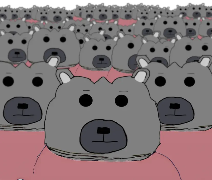 A digital illustration showing a vast crowd of gray cartoon bear-like characters with blank expressions, all facing forward.