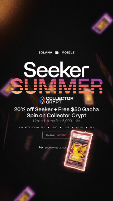 The image is a promotional poster for "Seeker Summer," a collaboration between Collector Crypt and Solana Mobile, advertising 20% off the Seeker phone plus a free $50 Gacha Spin, limited to the first 5,000 units with promo code CARDS20 and payment options including SOL, USDC, USDP, PYUSD, and SKR. A holographic Pikachu-style trading card appears at the bottom against a dark background, reinforcing the pack-ripping theme mentioned in the accompanying post.