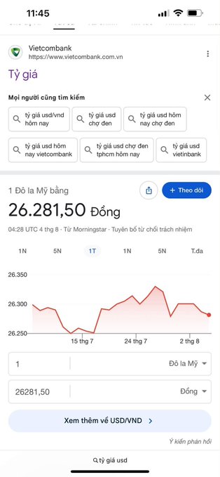 A Vietcombank mobile webpage screenshot showing the USD/VND exchange rate at 26.281,50 Dong with a line graph of historical rates.
